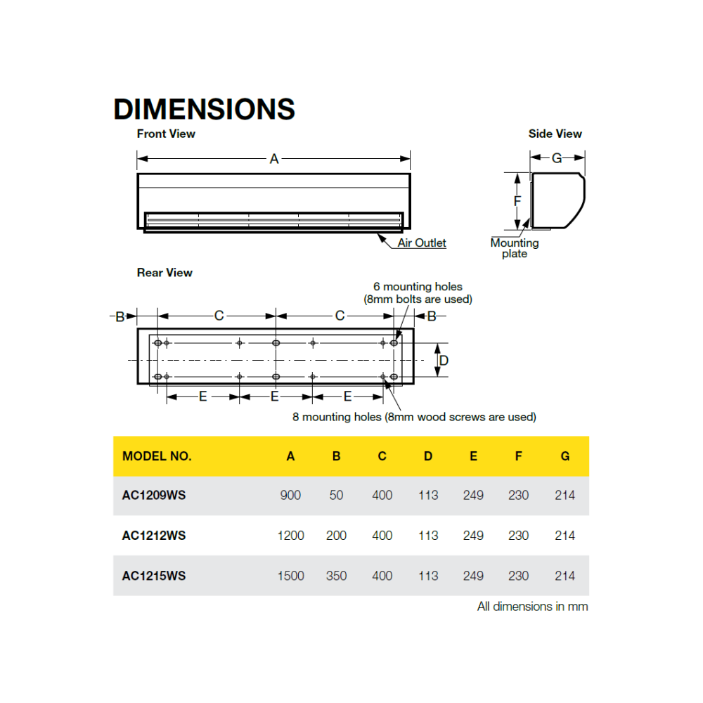 Fantech Commercial Air Curtains w/ Wall Switch - AC1215WS | 1200MM Long | 2-Speed | 1 Phase