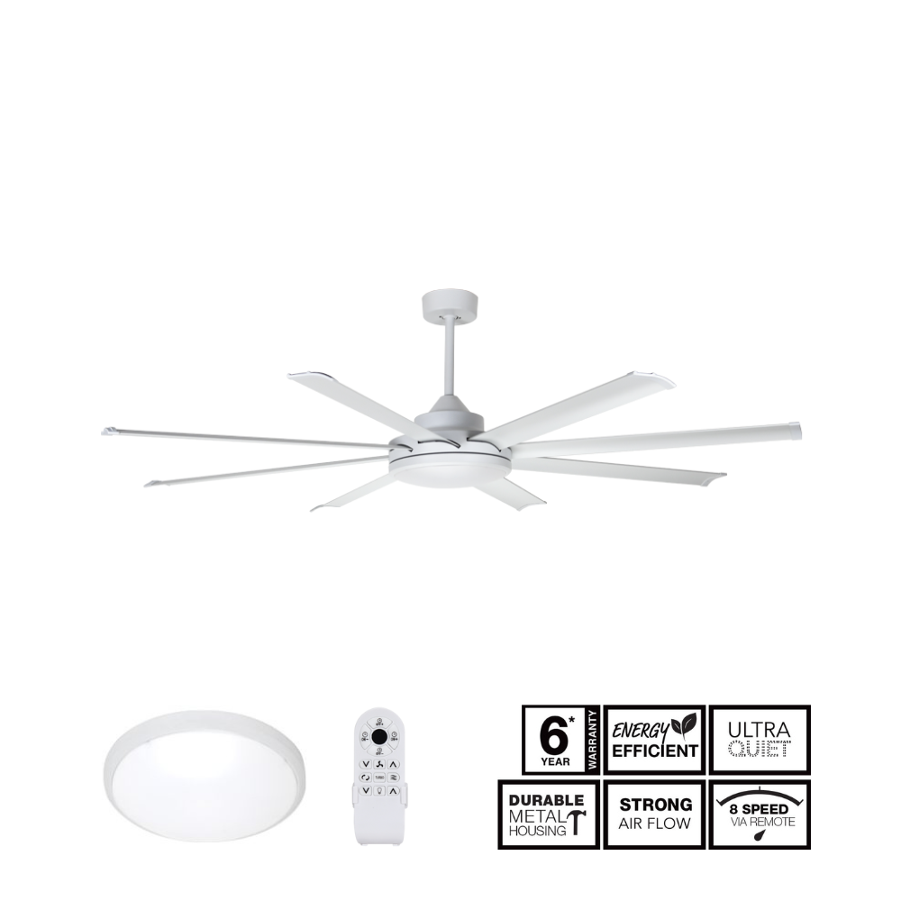 Fantech Atmos DC 8 Blade Ceiling Fan w/ 33W LED Light Kit - 2340MM (92" Inch) | White | 8 Speed Remote Control