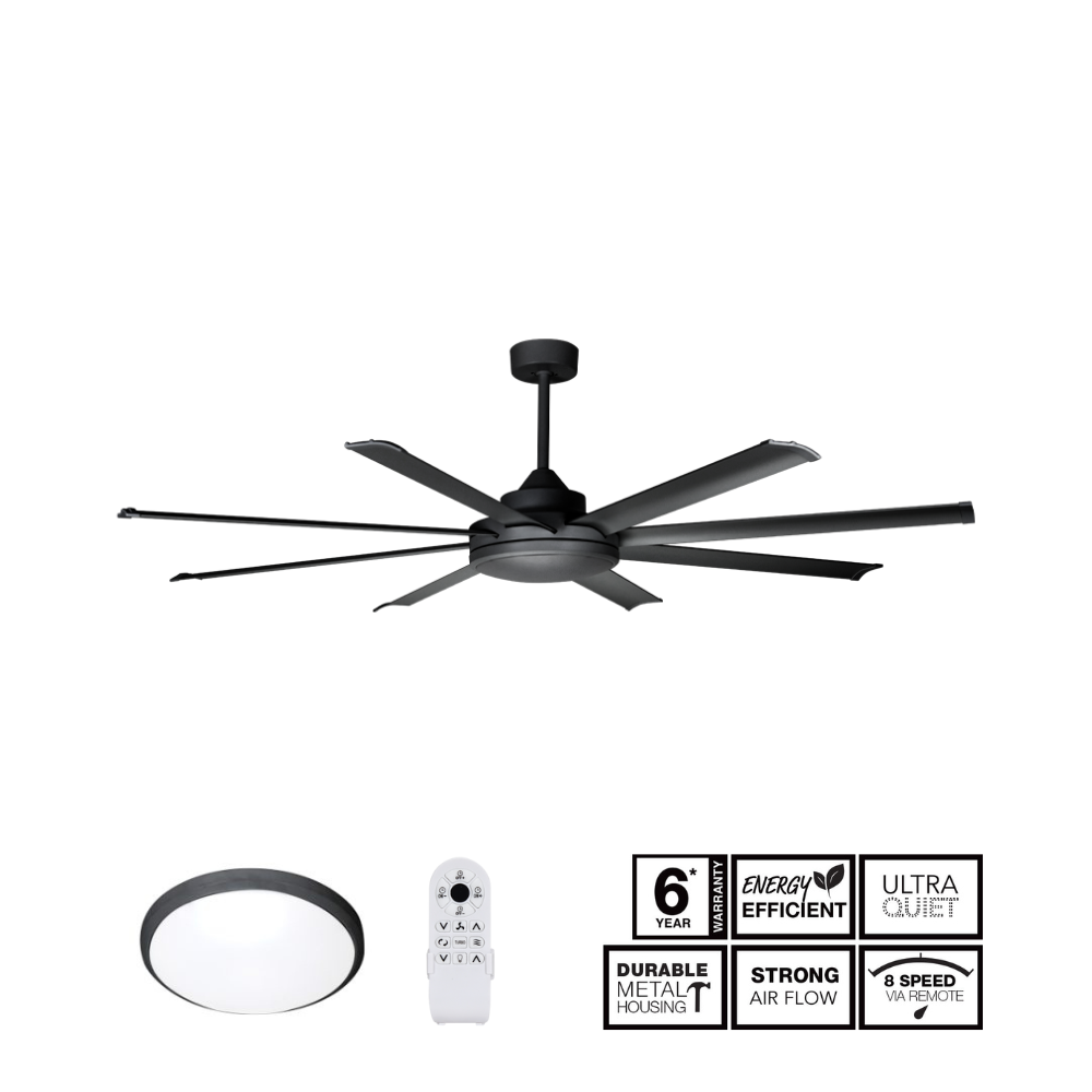 Fantech Atmos DC 8 Blade Ceiling Fan w/ 33W LED Light Kit - 2080MM (82" Inch) | Black | 8 Speed Remote Control