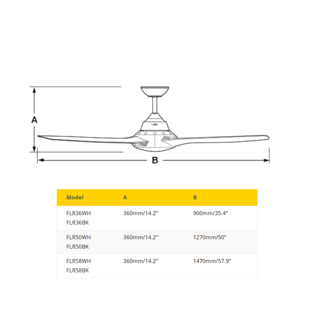 Fantech Flair AC 3 Blade Ceiling Fan - 900MM (36" Inch) | Black | 3 Speed Wall Controller Included
