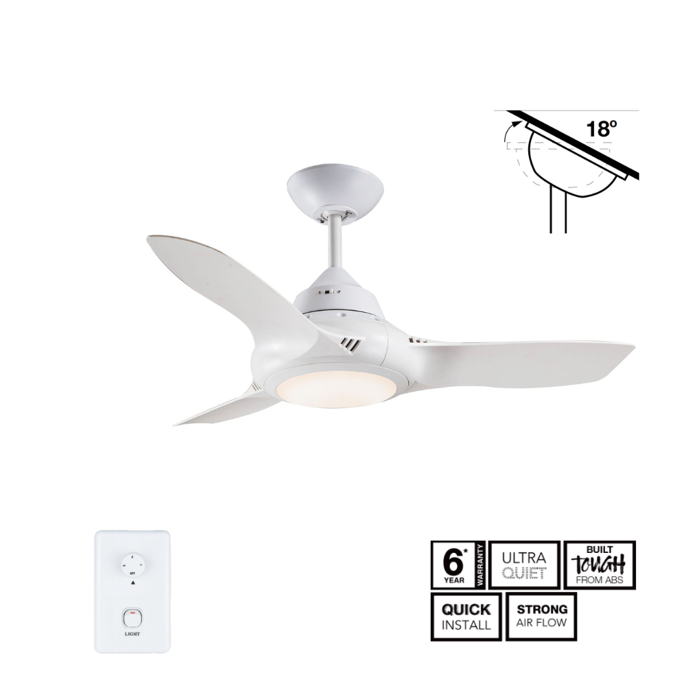 Fantech Flair AC 3 Blade Ceiling Fan w/ 18W LED Light - 900MM (36" Inch) | White | 3 Speed Wall Controller Included