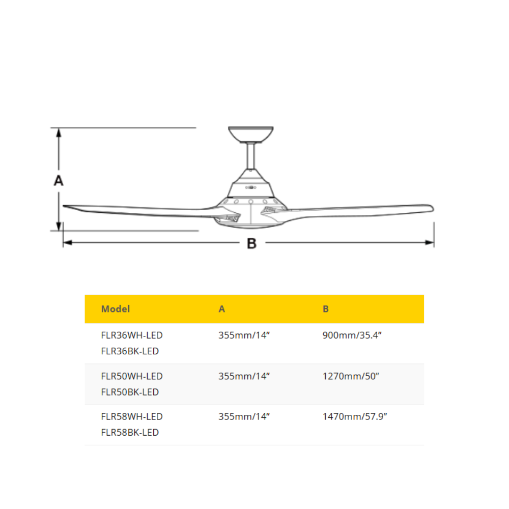 Fantech Flair AC 3 Blade Ceiling Fan - 1270MM (50" Inch) | Black | 3 Speed Wall Controller Included