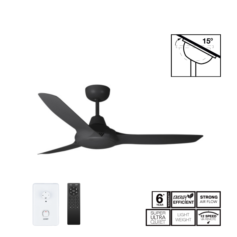 Fantech Flair DC 3 Blade Ceiling Fan - 1270MM (50" Inch) | Black | w/ Wall Switch & Remote Control