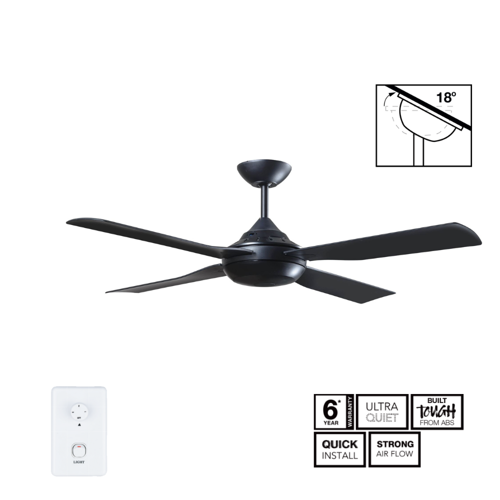 Fantech Quinton AC 4 Blade Ceiling Fan - 1220MM (48" Inch) | Black | 3 Speed Wall Controller Included