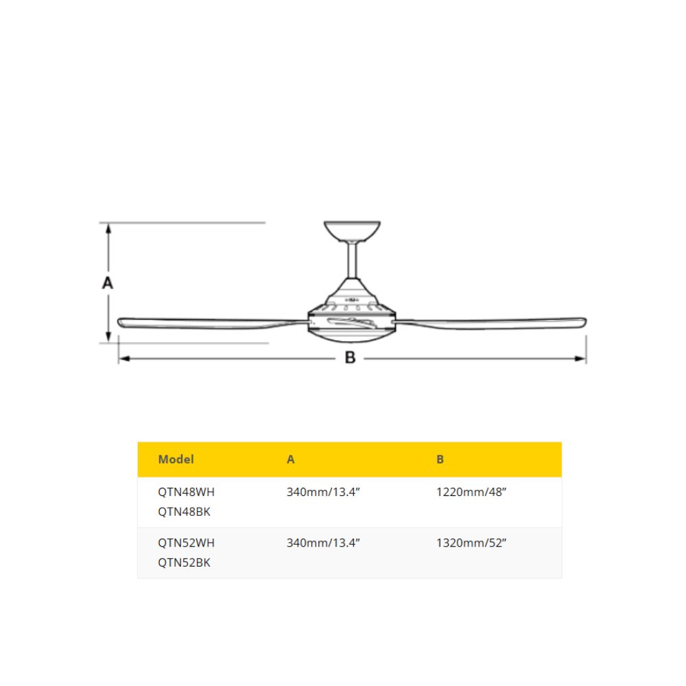 Fantech Quinton AC 4 Blade Ceiling Fan - 1220MM (48" Inch) | Black | 3 Speed Wall Controller Included