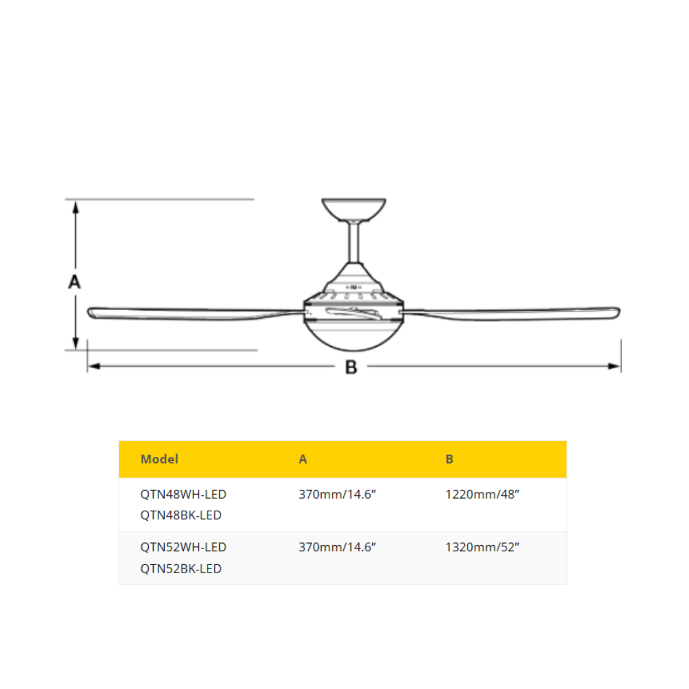 Fantech Quinton AC 4 Blade Ceiling Fan w/ 18W LED Light - 1320MM (52" Inch) | Black | 3 Speed Wall Controller Included