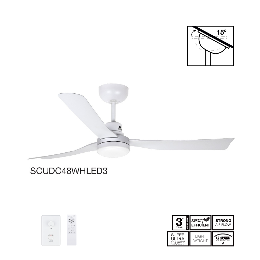 Fantech Scud DC 3 Blade Ceiling Fan w/ 16W LED Light - 1220MM (48" Inch) | White | w/ Wall Switch & Remote Control