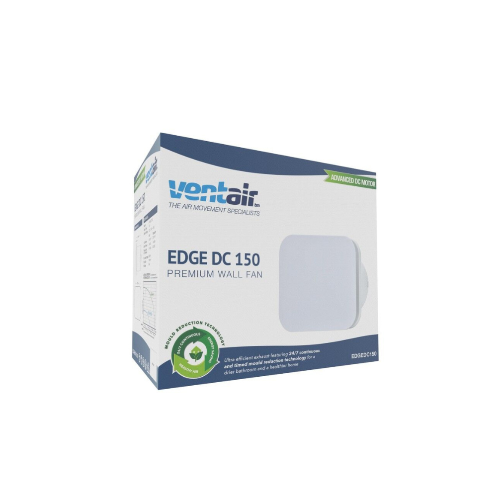 Ventair Edge DC Wall Exhaust Fan 150MM w/ White Square Fascia - EDGEDC150 | w/ Run On Timer
