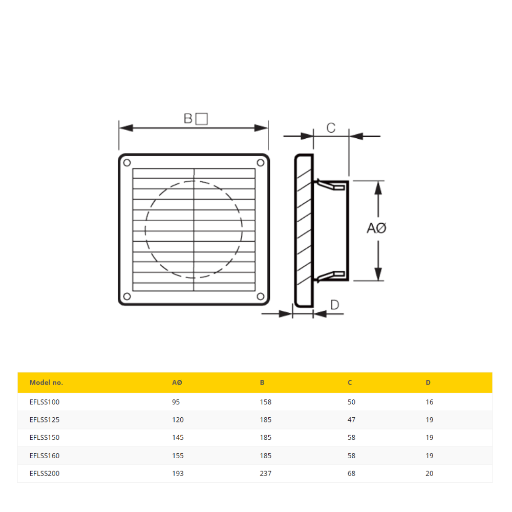 Fantech EFLSS External Fixed Louvre Grille - 100MM / 125MM / 150MM / 160MM / 200MM | 316 Stainless Steel | BAL-40