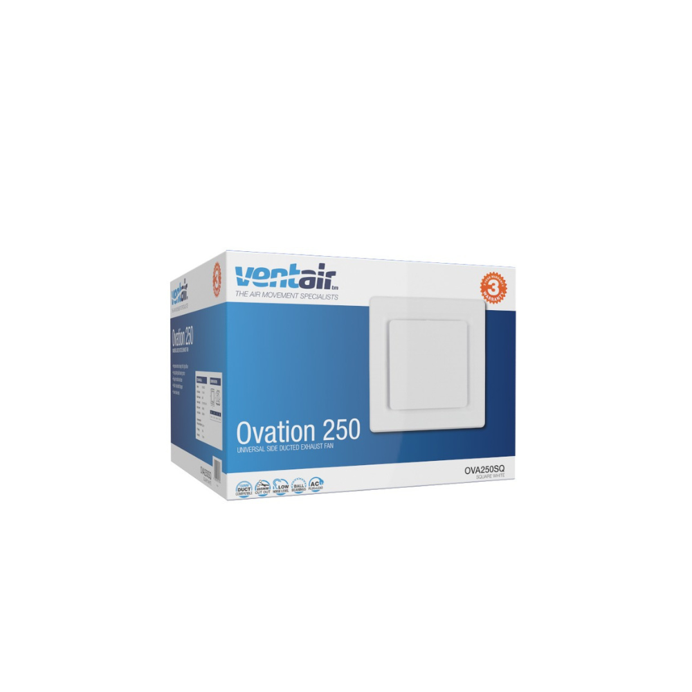 Ventair Header Box AC Exhaust Fan Ovation 250 - OVA250SQ | w/ White Square Fascia