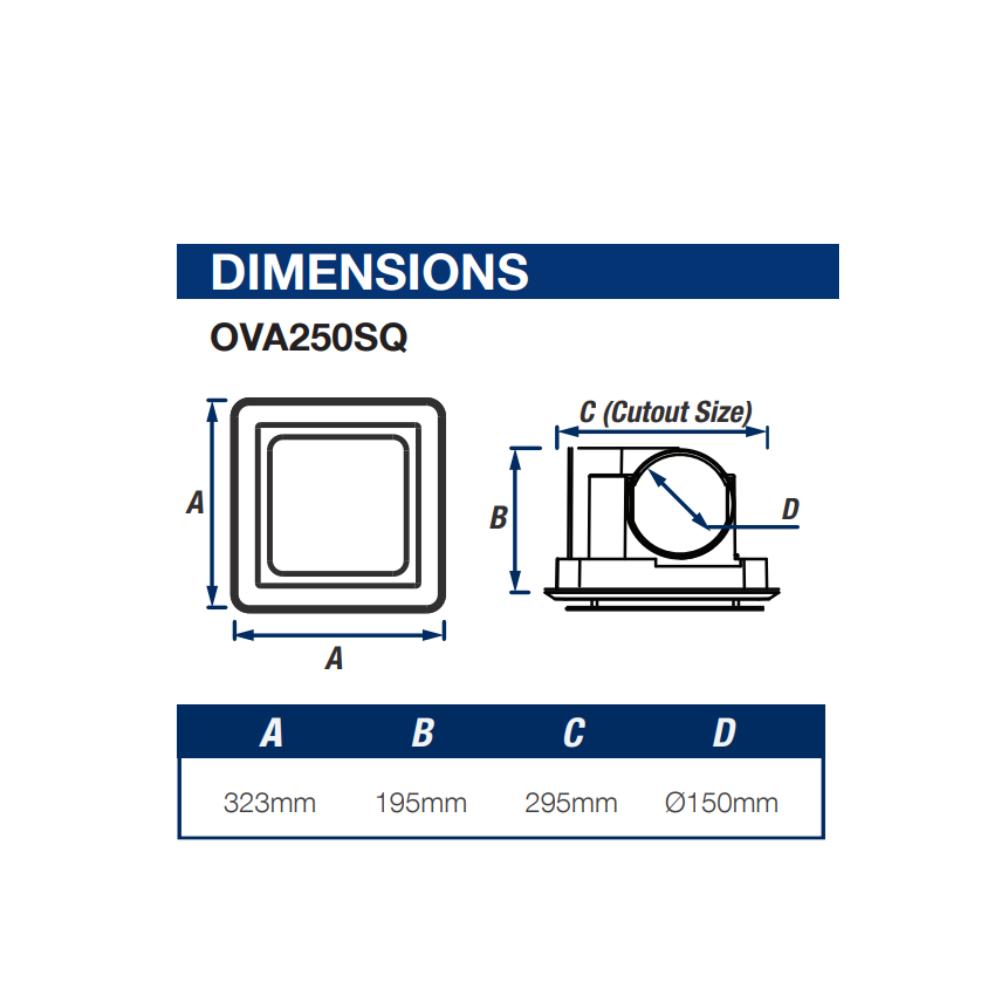Ventair Header Box AC Exhaust Fan Ovation 250 - OVA250SQ | w/ White Square Fascia