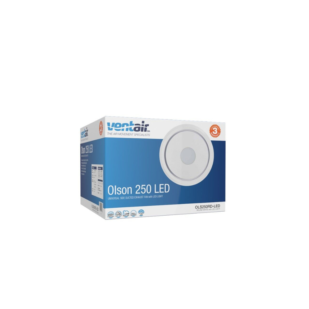Ventair Header Box AC Exhaust Fan Olson 250 - OLS250RD-LED | w/ White Round Fascia | 10W Tri Colour LED