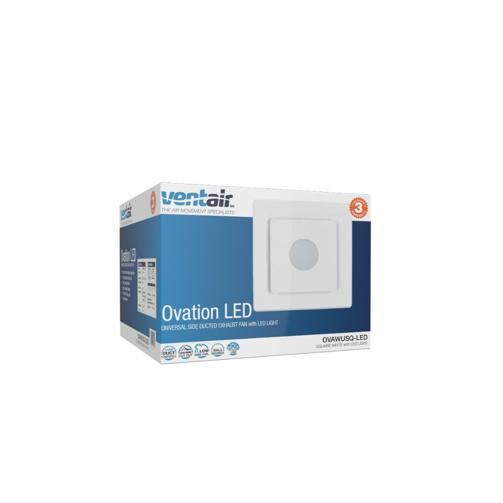 Ventair Header Box AC Exhaust Fan - Ovation 200 | w/ White Square Fascia | 10W Tri Colour LED | 125MM Side Duct