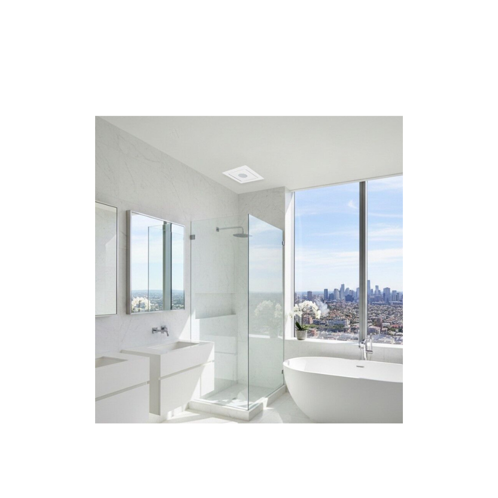 Ventair Header Box AC Exhaust Fan - Ovation 200 | w/ White Square Fascia | 10W Tri Colour LED | 125MM Side Duct