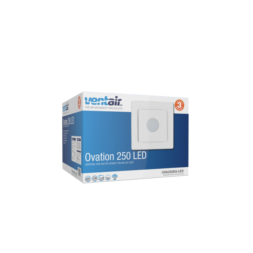 Ventair Header Box AC Exhaust Fan Ovation 250 - OVA250SQ-LED | w/ White Square Fascia | 10W Tri Colour LED