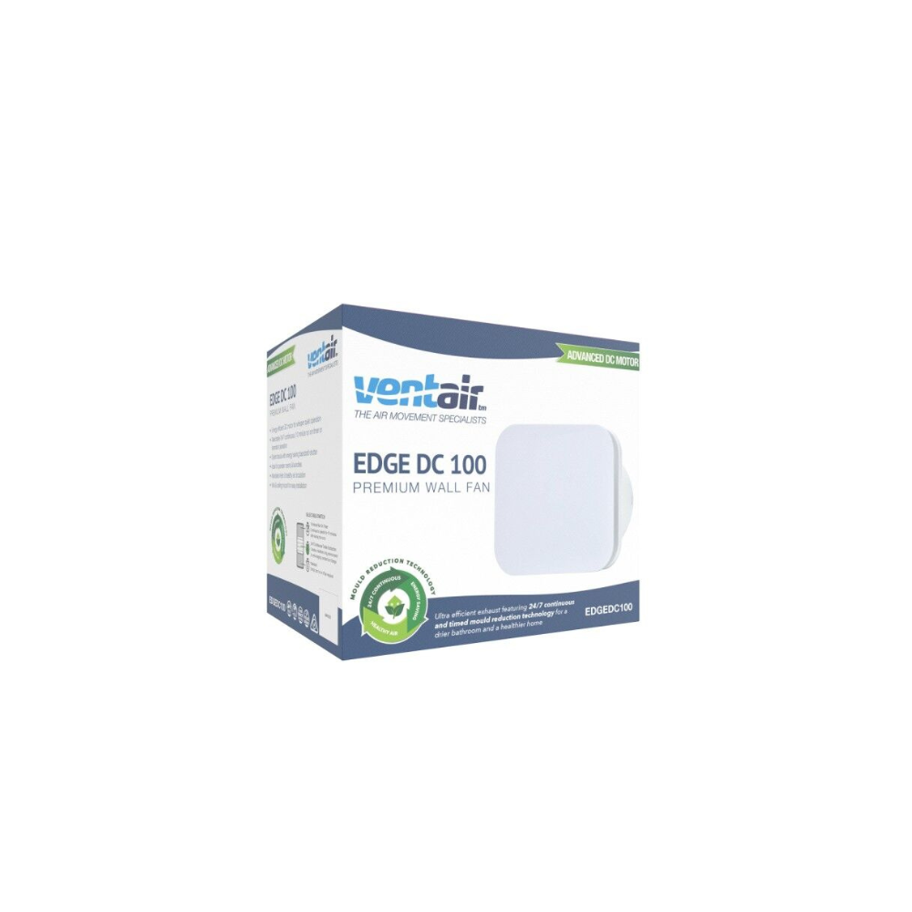 Ventair Edge DC - 100MM | Wall Exhaust Fan | w/ White Square Fascia | 10min Run On Timer