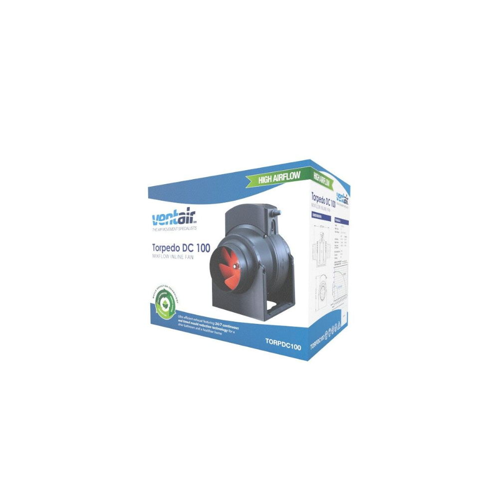 Ventair Torpedo DC Mixed Flow Inline Exhaust Fan - Inline 100 | w/ Speed Control | w/ 10 Minute Run-On Timer
