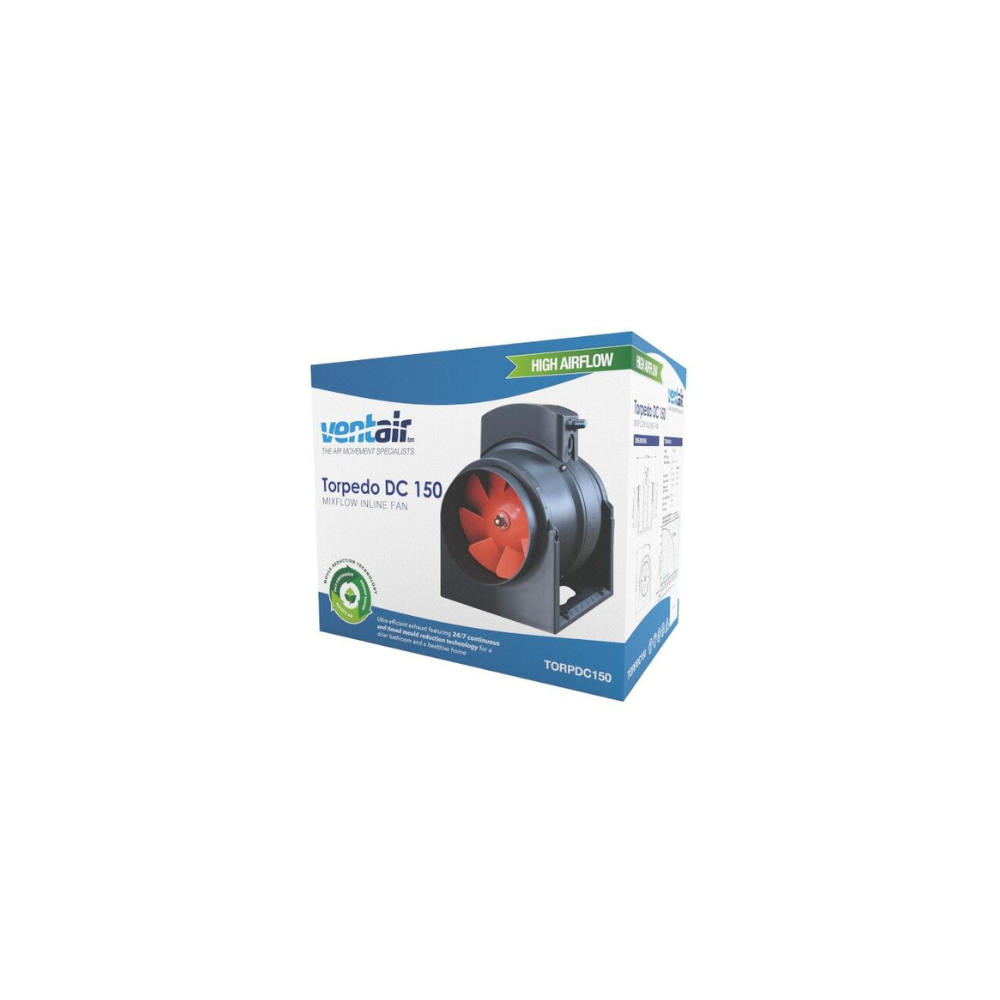Ventair Torpedo DC Mixed Flow Inline Exhaust Fan - Inline 150 | 150MM (6" Inch) | w/ Speed Control | w/ 10 Minute Run-On Timer