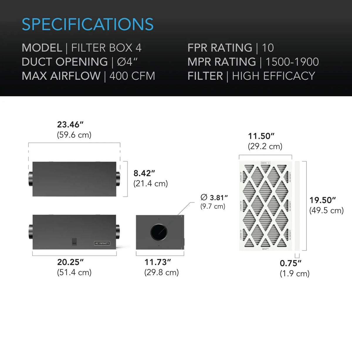 AC Infinity Inline Air Filter Box w/ MERV Filter - 100MM (4" Inch)