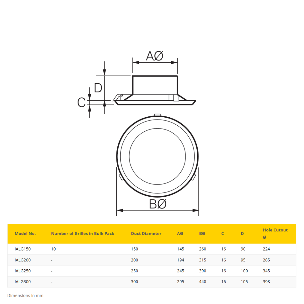 Fantech IALG Ceiling Mounted Inlet Internal Grille - White | Adjustable | 150MM / 200MM / 250MM / 300MM