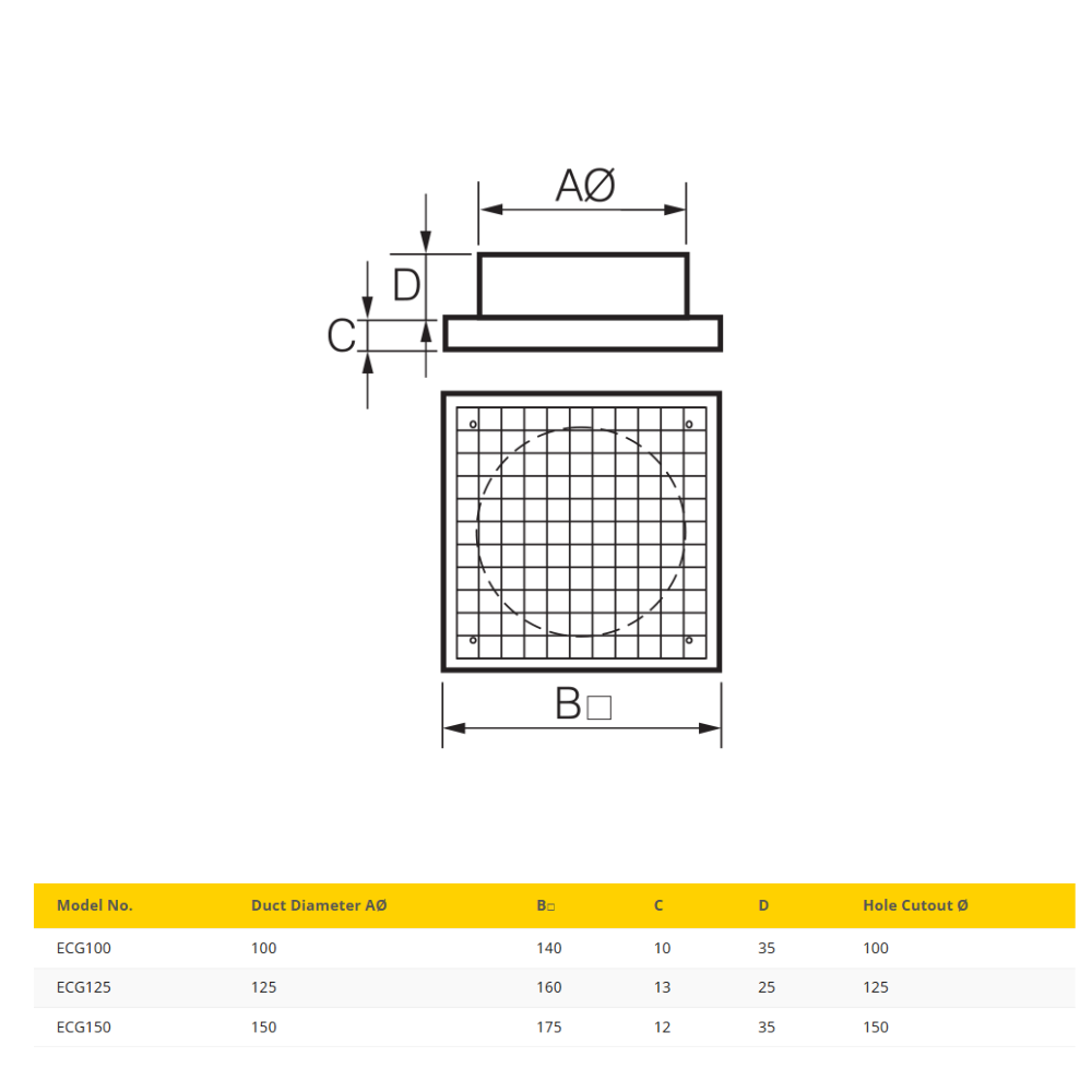 Fantech ECG Ceiling Mounted Inlet Grille - 100MM / 125MM / 150MM