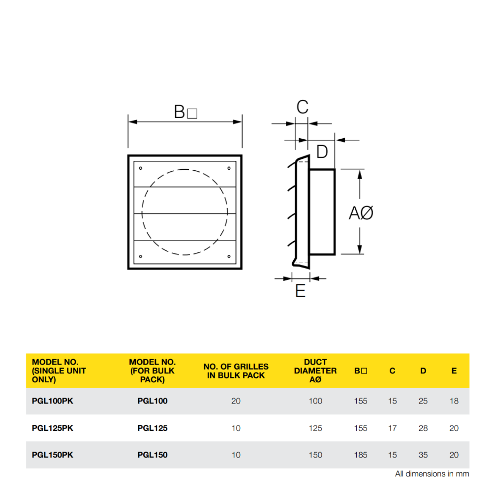 Fantech PGL Single Unit External Fixed Louvre Grille - 100MM / 125MM / 150MM