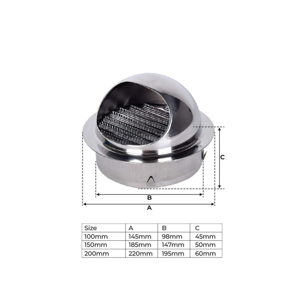 304 Stainless Steel External Wall Dome Grille / Vent - 100MM / 150MM / 200MM