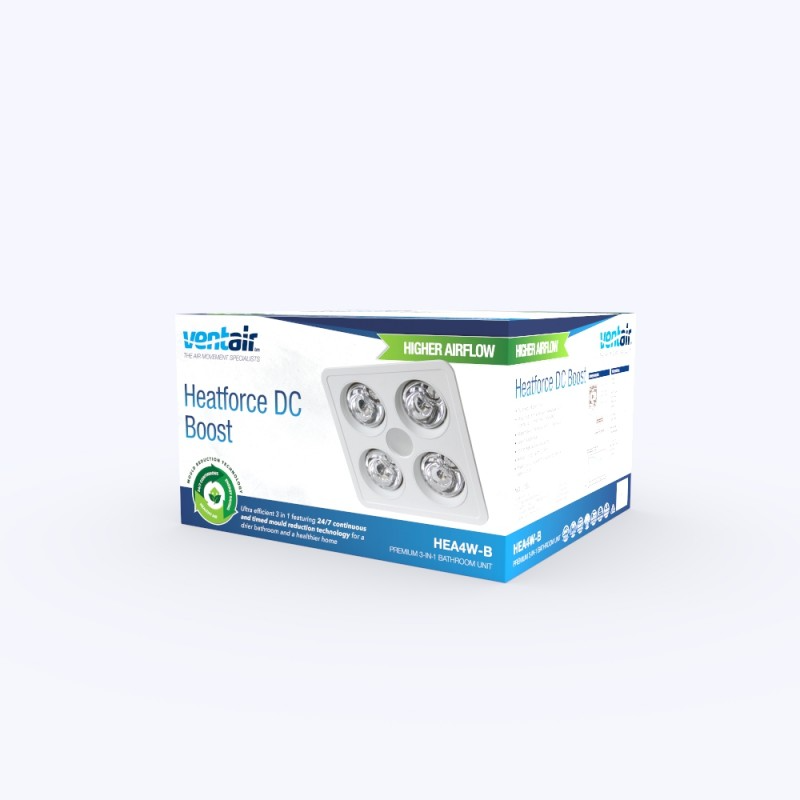 Ventair Heatforce DC Boost 3-in-1 Bathroom Unit - 2 Heat Lamps / 4 Heat Lamps | LED Light | Exhaust Fan