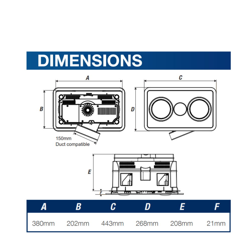 Ventair Heatforce DC Boost 3-in-1 Bathroom Unit - 2 Heat Lamps / 4 Heat Lamps | LED Light | Exhaust Fan