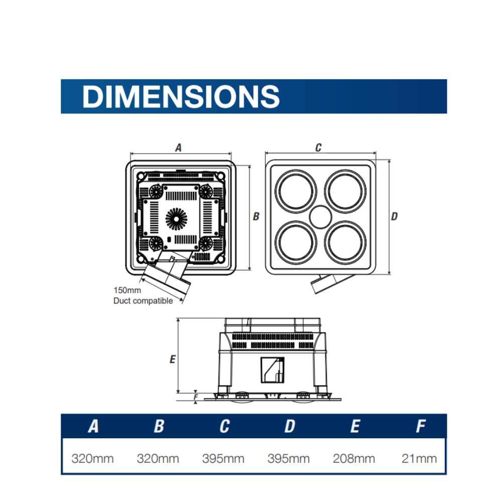 Ventair Heatforce DC Boost 3-in-1 Bathroom Unit - 2 Heat Lamps / 4 Heat Lamps | LED Light | Exhaust Fan
