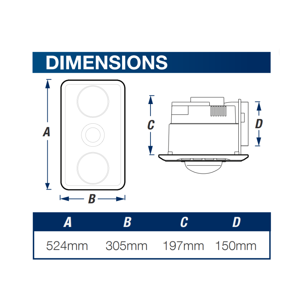 Ventair Brook 3-in-1 Bathroom Heater | LED Light | Exhaust Fan - 2 x 275W Heat Lamps | White