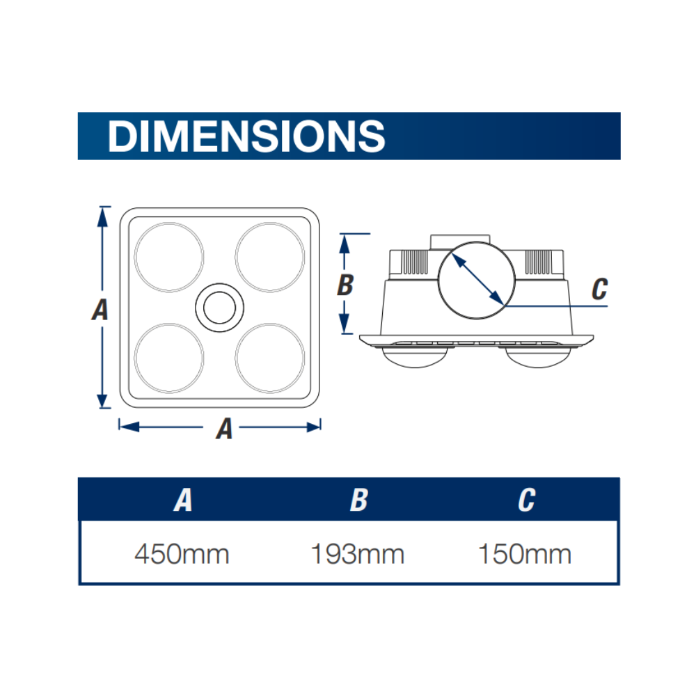 Ventair Brook 3-in-1 Bathroom Heater | LED Light | Exhaust Fan - 4 x 275W Heat Lamps | White