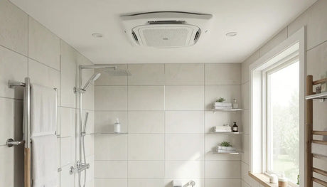 Modern Australian bathroom with a three-in-one heater vent light unit mounted flush in the ceiling above the shower zone