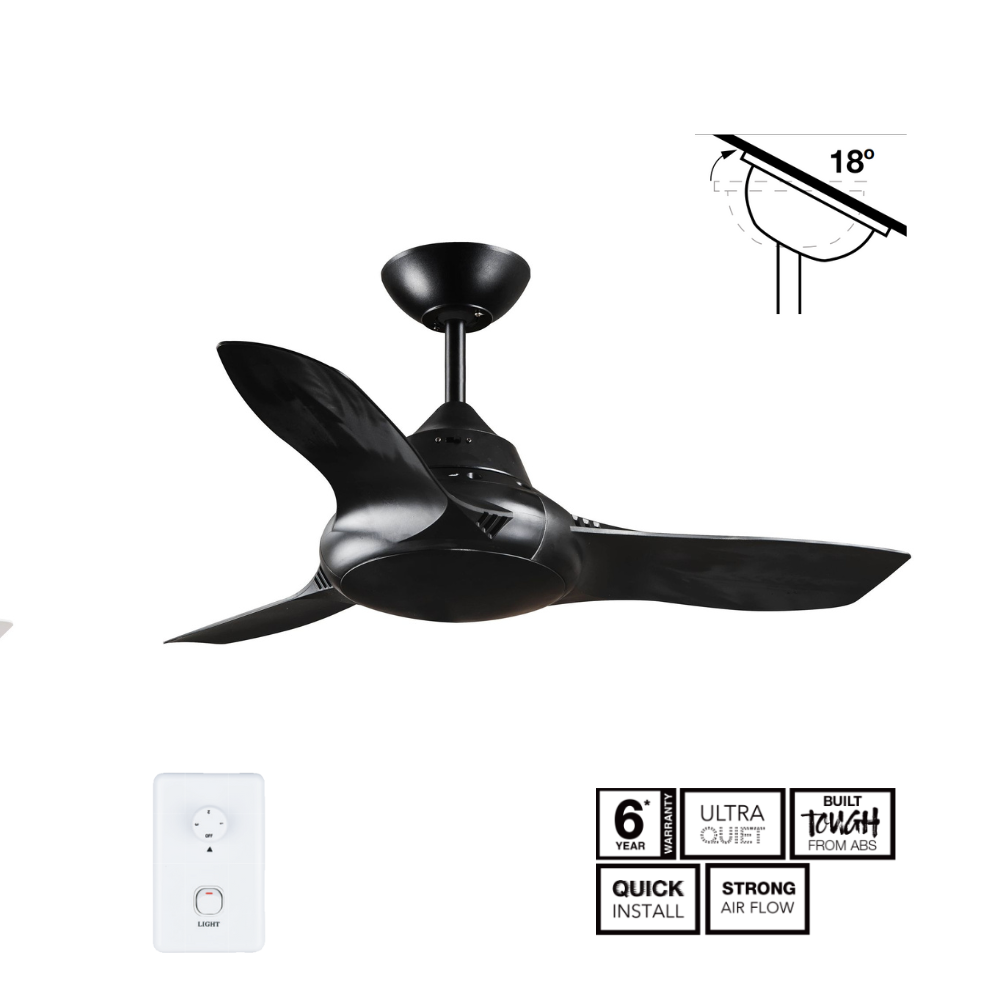 Fantech Flair AC 3 Blade Ceiling Fan - 900MM (36" Inch) | Black | 3 Speed Wall Controller Included