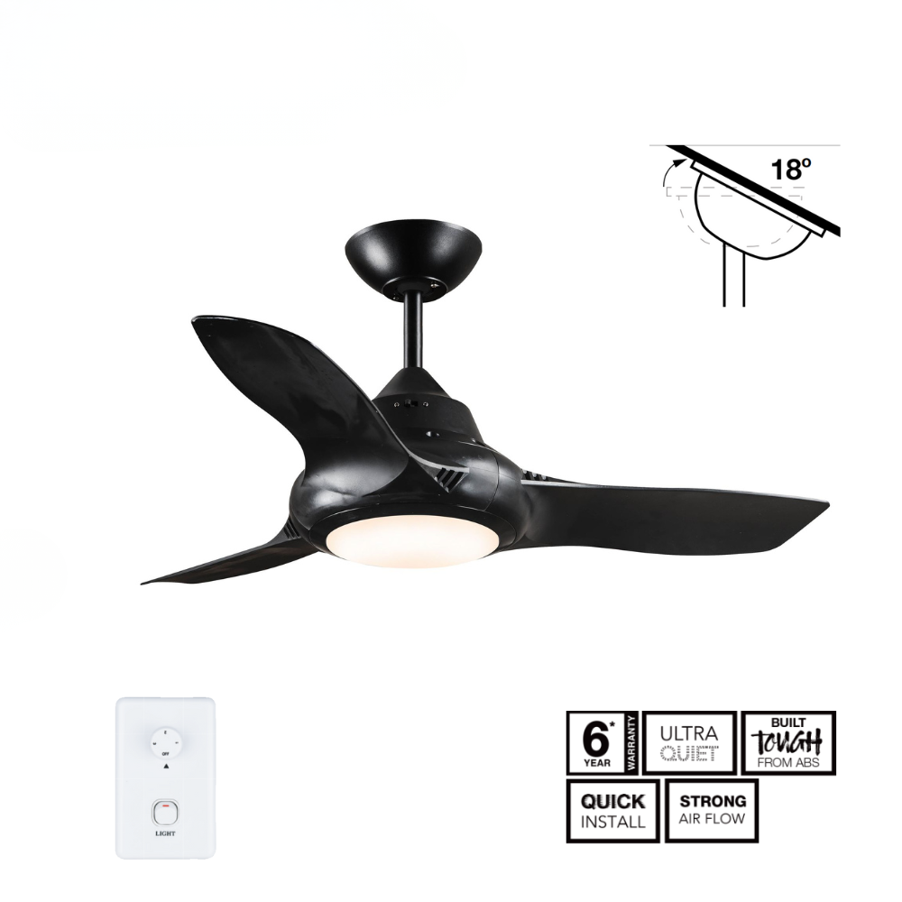 Fantech Flair AC 3 Blade Ceiling Fan w/ 18W LED Light - 1470MM (58" Inch) | Black | 3 Speed Wall Controller Included