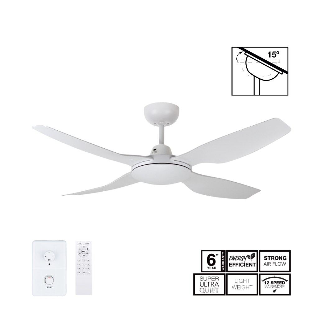 Fantech Quinton DC 4 Blade Ceiling Fan  - 1220MM (48" Inch) | White | w/ Wall Switch & Remote Control
