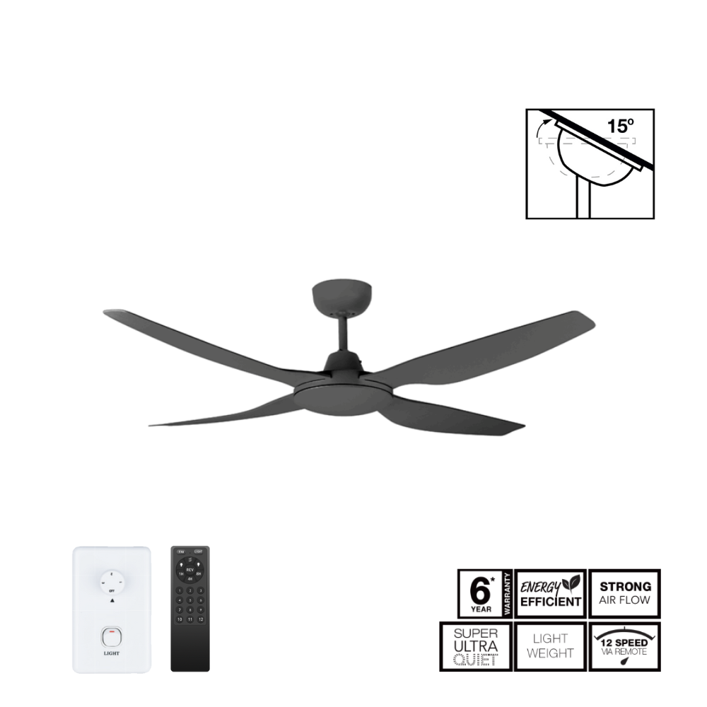 Fantech Quinton DC 4 Blade Ceiling Fan  - 1220MM (48" Inch) | Black | w/ Wall Switch & Remote Control