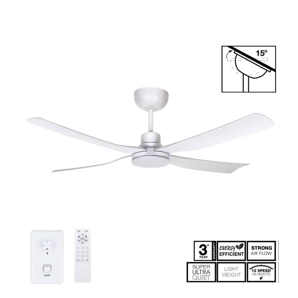 Fantech Scud DC 4 Blade Ceiling Fan w/ 16W LED Light - 1220MM (48" Inch) | White | w/ Wall Switch & Remote Control