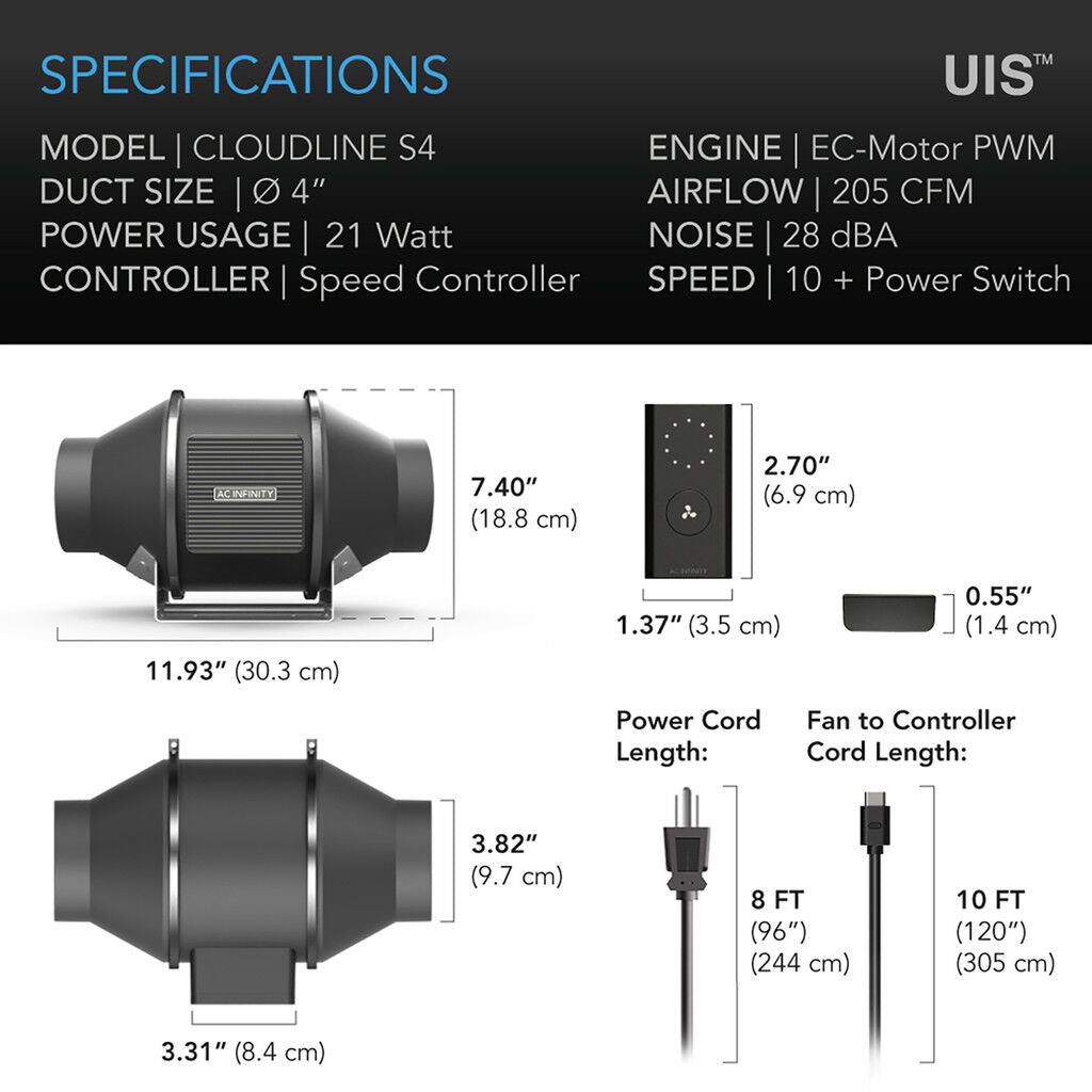 AC Infinity Inline Duct EC Fan Cloudline Pro S4 - 100MM (4" Inch)