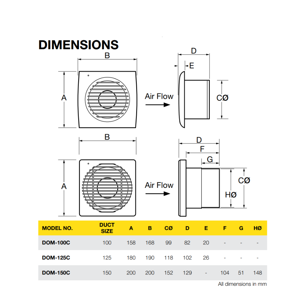 Fantech Dom Wall Mounted Exhaust Fan - 100MM / 125MM / 150MM